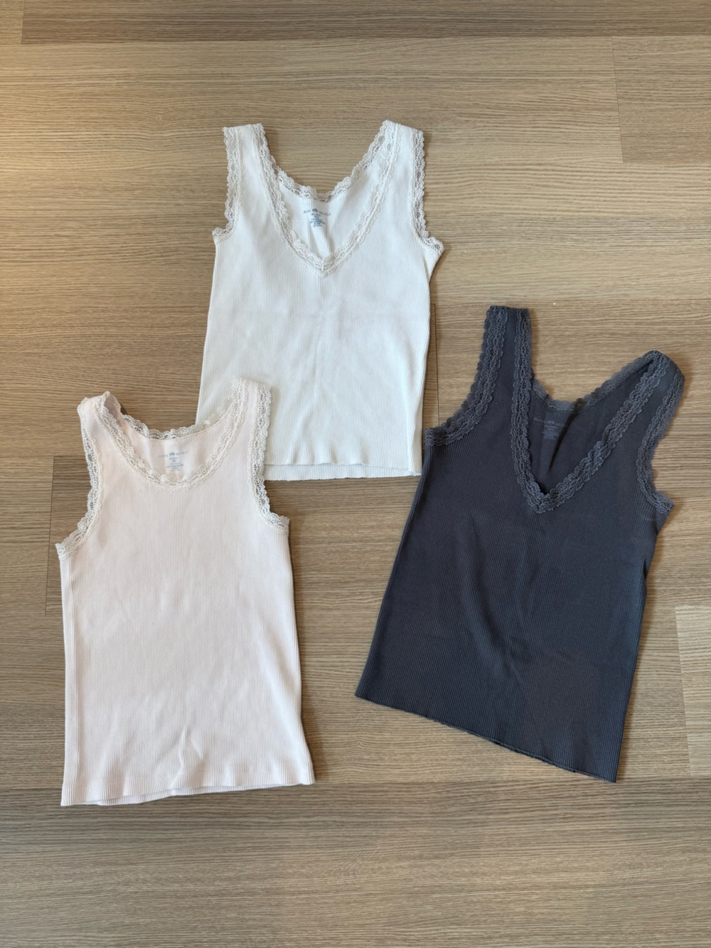 Brandy Melville Lace-Trim Tank Tops - White, Light Pink, Charcoal Bundle